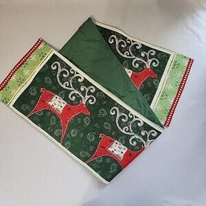 Reindeer Christmas Table Runner Tapestry 70in x 12.5in Red Green Fabric Backing